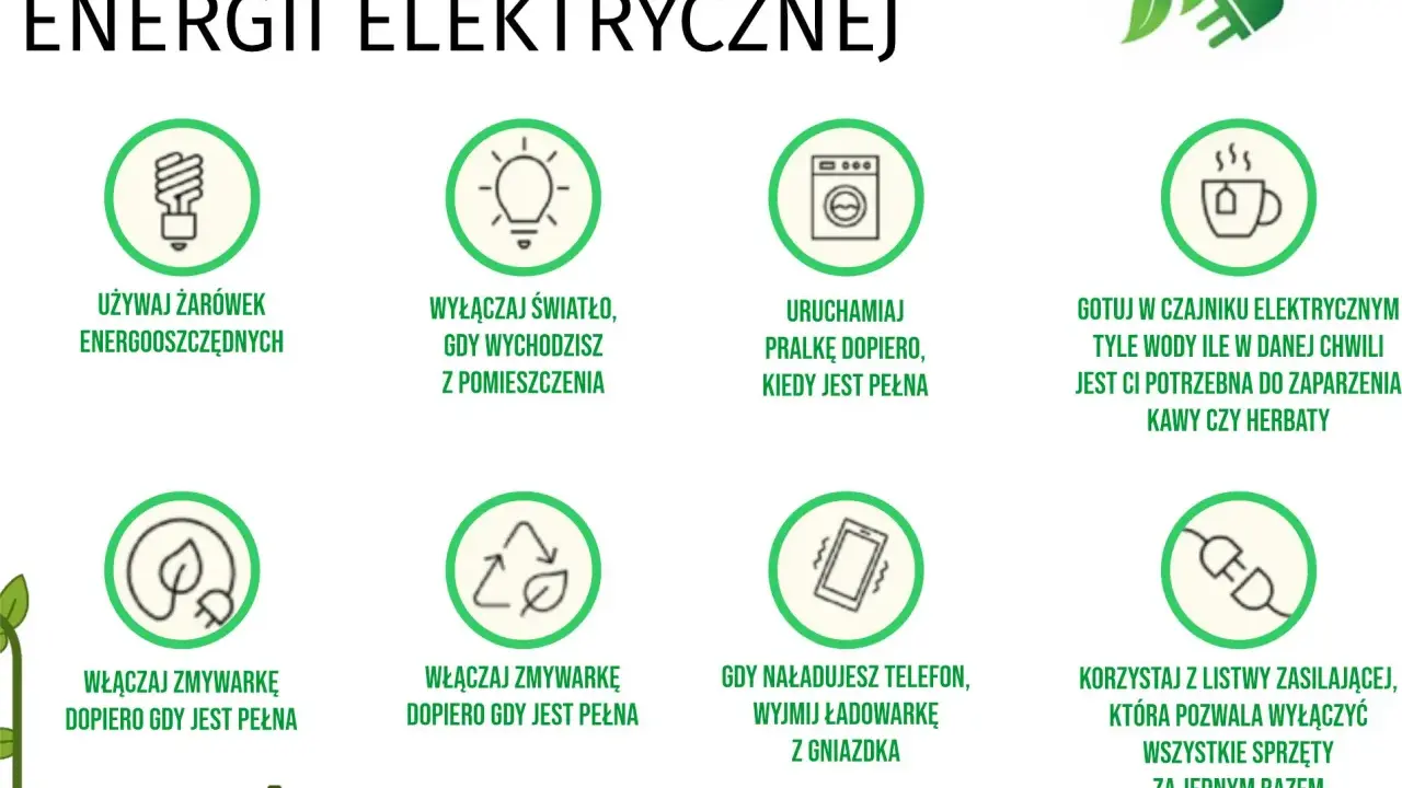 Grafika pokazuje, jak oszczędzać prąd: używaj żarówek energooszczędnych, wyłączaj światło, uruchamiaj pralkę i zmywarkę tylko gdy są pełne, wyjmuj ładowarkę z gniazdka.