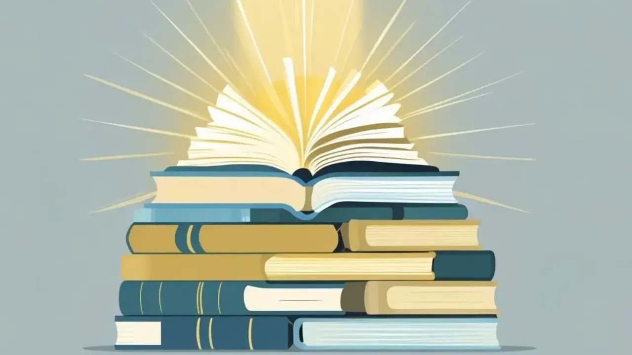 Una pila di libri, con quello in cima aperto e illuminato da raggi dorati, simboleggia la conoscenza e i libri del momento.
