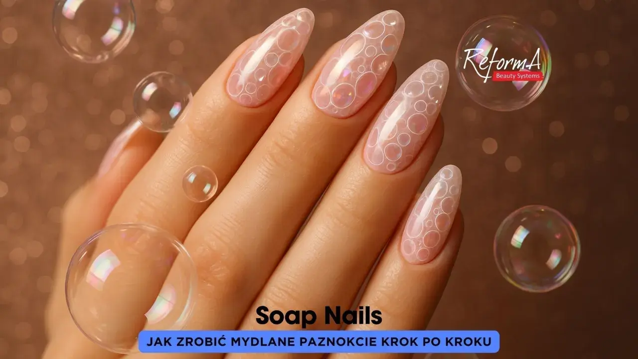 Delikatne paznokcie na marzec w stylu "Soap Nails", ozdobione wzorem przypominającym bańki mydlane.