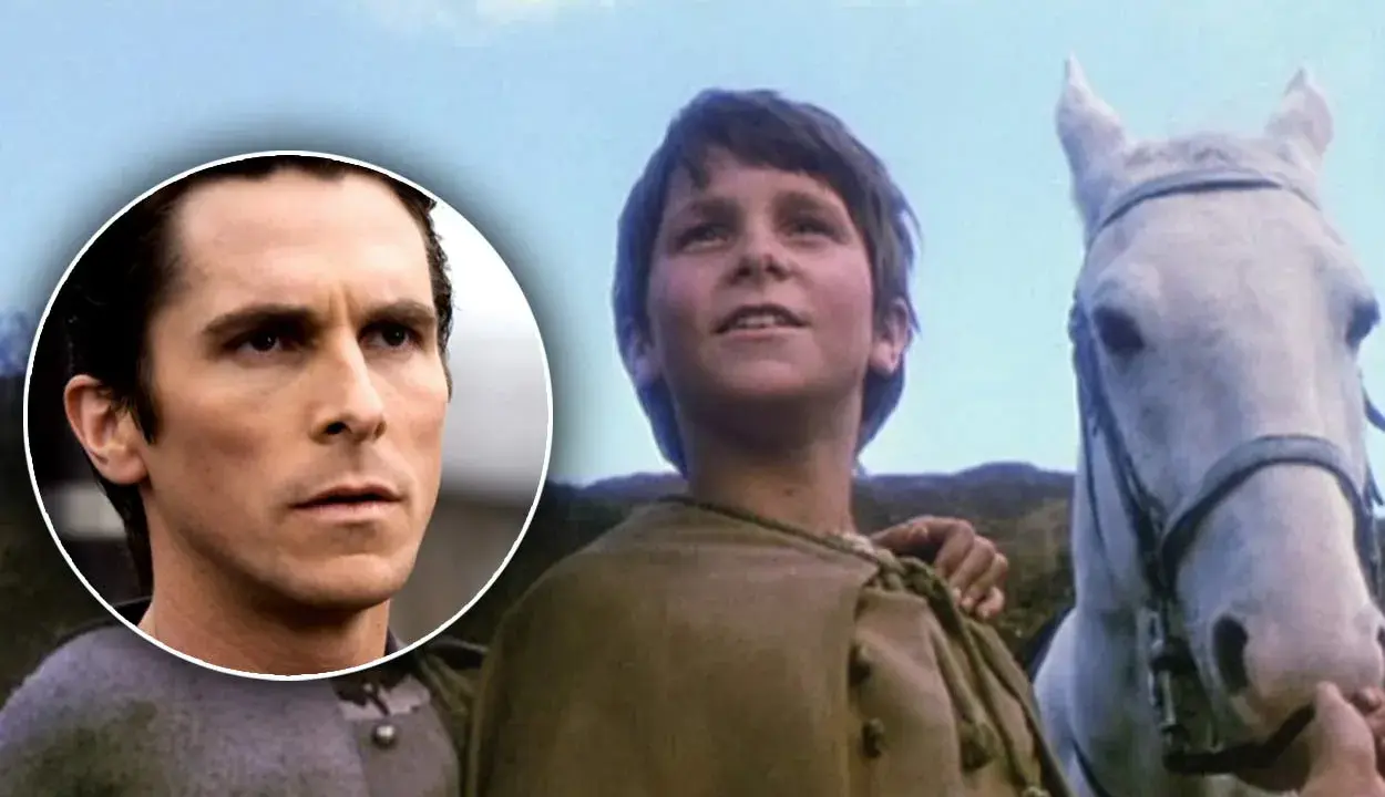 Christian Bale som ung i Mio min Mio, bredvid en vit häst.