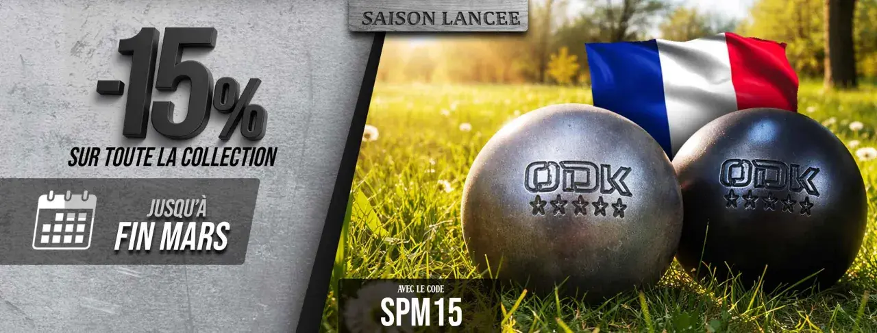 Deux boules de pétanque ODK, symbole de la fabrication française, sur un fond d'herbe et de drapeau tricolore. Promotion -15%.