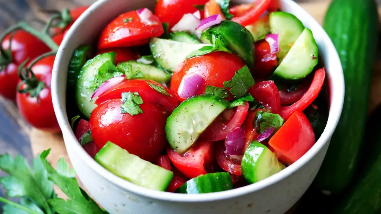 Frischer Tomaten-Gurken-Salat mit roten Zwiebeln und Petersilie, garniert mit ganzen Kirschtomaten und Gurken.