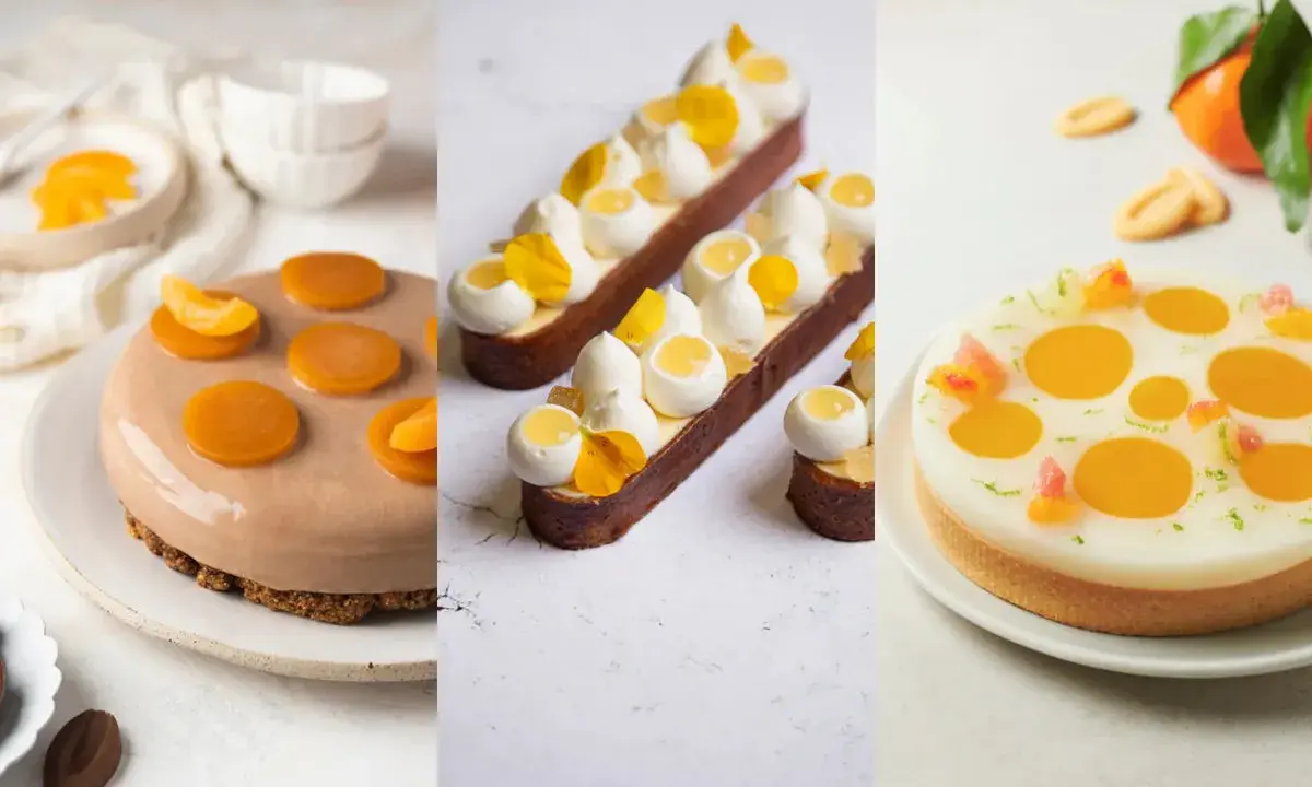 Idées pour que mettre sur un fond de tarte aux fruits : tartelettes rondes et rectangulaires garnies de crème, fruits et fleurs.