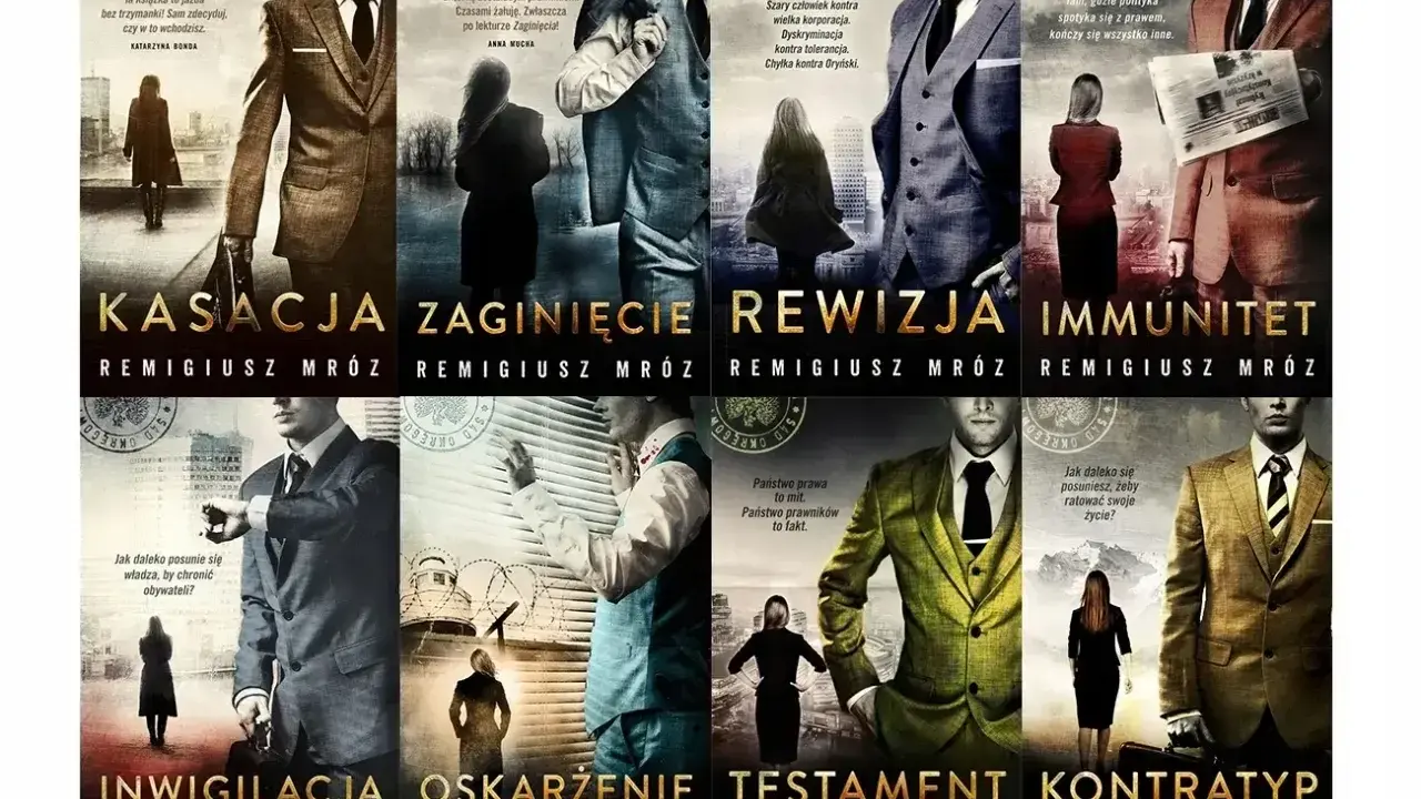Okładki książek Remigiusza Mroza: "Kasacja", "Zaginięcie", "Rewizja", "Immunitet", "Inwigilacja", "Oskarżenie", "Testament", "Kontratyp". W tle sylwetki ludzi i miasta.