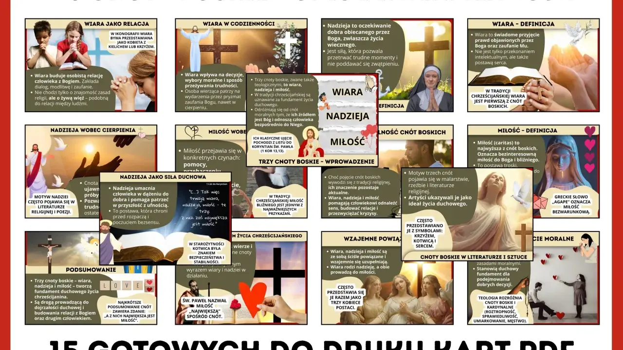 Trzy cnoty boskie: wiara, nadzieja i miłość, tworzą fundament życia duchowego. Są one ze sobą ściśle powiązane i wzajemnie się uzupełniają.