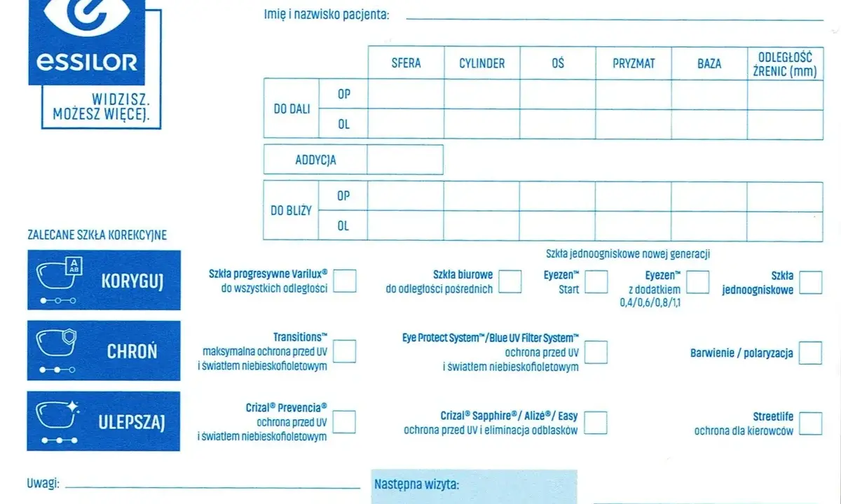 Recepta na okulary od prywatnego okulisty z danymi pacjenta i parametrami korekcji.