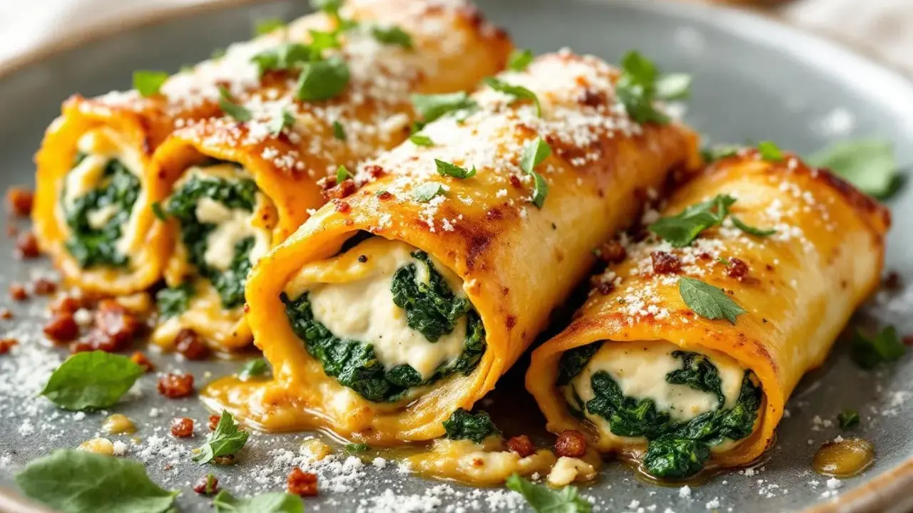 Cannelloni ricotta épinard, généreusement garnis et saupoudrés de parmesan, baignent dans une sauce savoureuse.