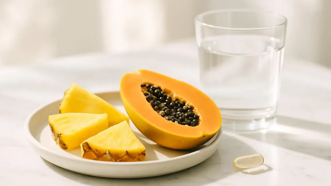 Frutta fresca e un integratore per il pancreas. Papaya, ananas e un bicchiere d'acqua, un aiuto naturale per il tuo benessere.