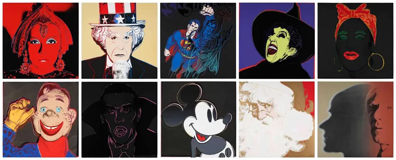 A collage of famous pop art pieces, featuring Uncle Sam, Superman, a witch, Mickey Mouse, Santa, and other iconic figures in vibrant colors.