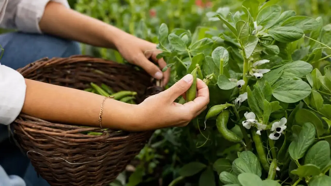 Main récolte de fèves dans le potager. Les mains cueillent les gousses vertes pour les mettre dans un panier en osier.
