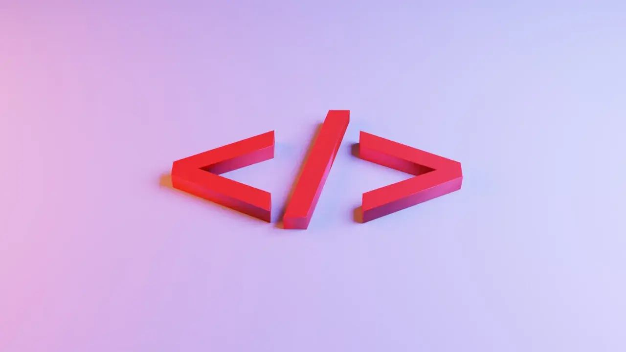 Czerwone symbole kodu, przypominające znaczniki html noscript, unoszą się na tle gradientu różu i fioletu.