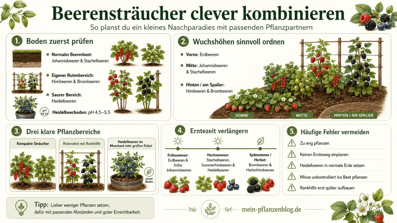Tipps zum Beerenbeet anlegen: Boden prüfen, Wuchshöhen ordnen, Pflanzbereiche wählen, Erntezeit verlängern und Fehler vermeiden.