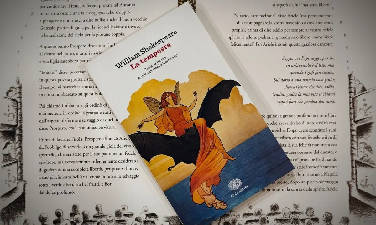 Copertina de "La tempesta" di Shakespeare, con un'illustrazione di Ariel. La tempesta è un'opera che parla di magia e perdono.
