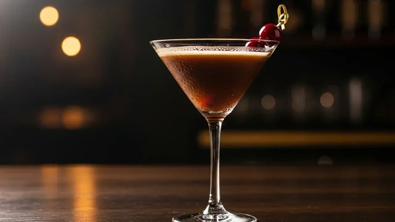 En Kahlúa Sour, en mörk, skummande cocktail i ett martiniglas, garnerad med körsbär. Perfekt för en mysig kväll.