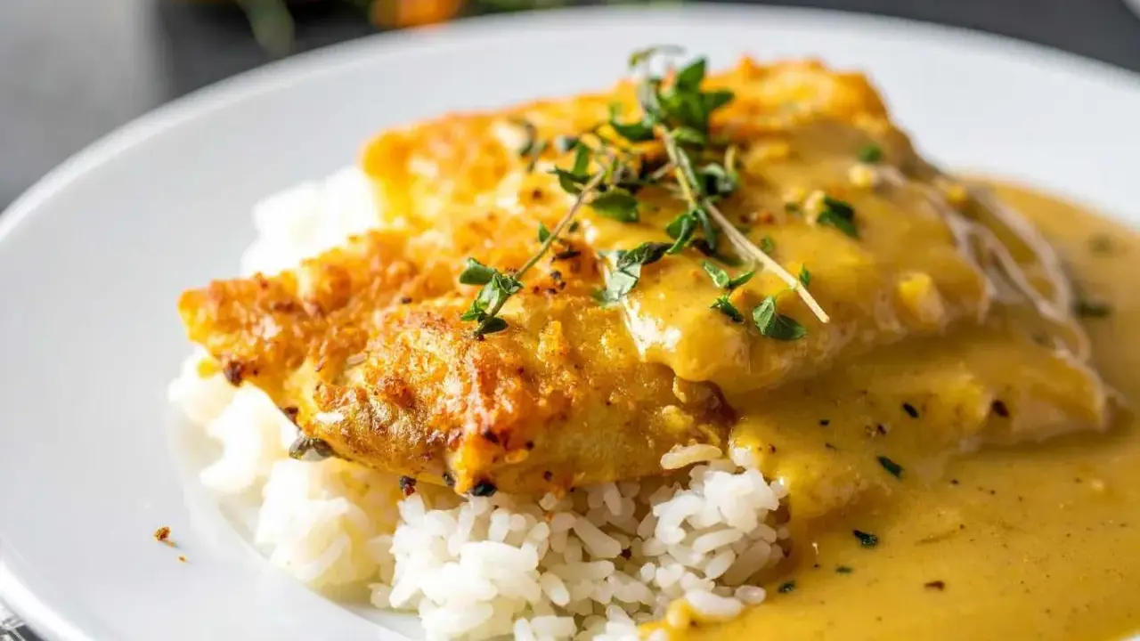 Poisson pané sur un lit de riz, nappé d'une onctueuse sauce moutarde et garni de thym frais. Un délice !