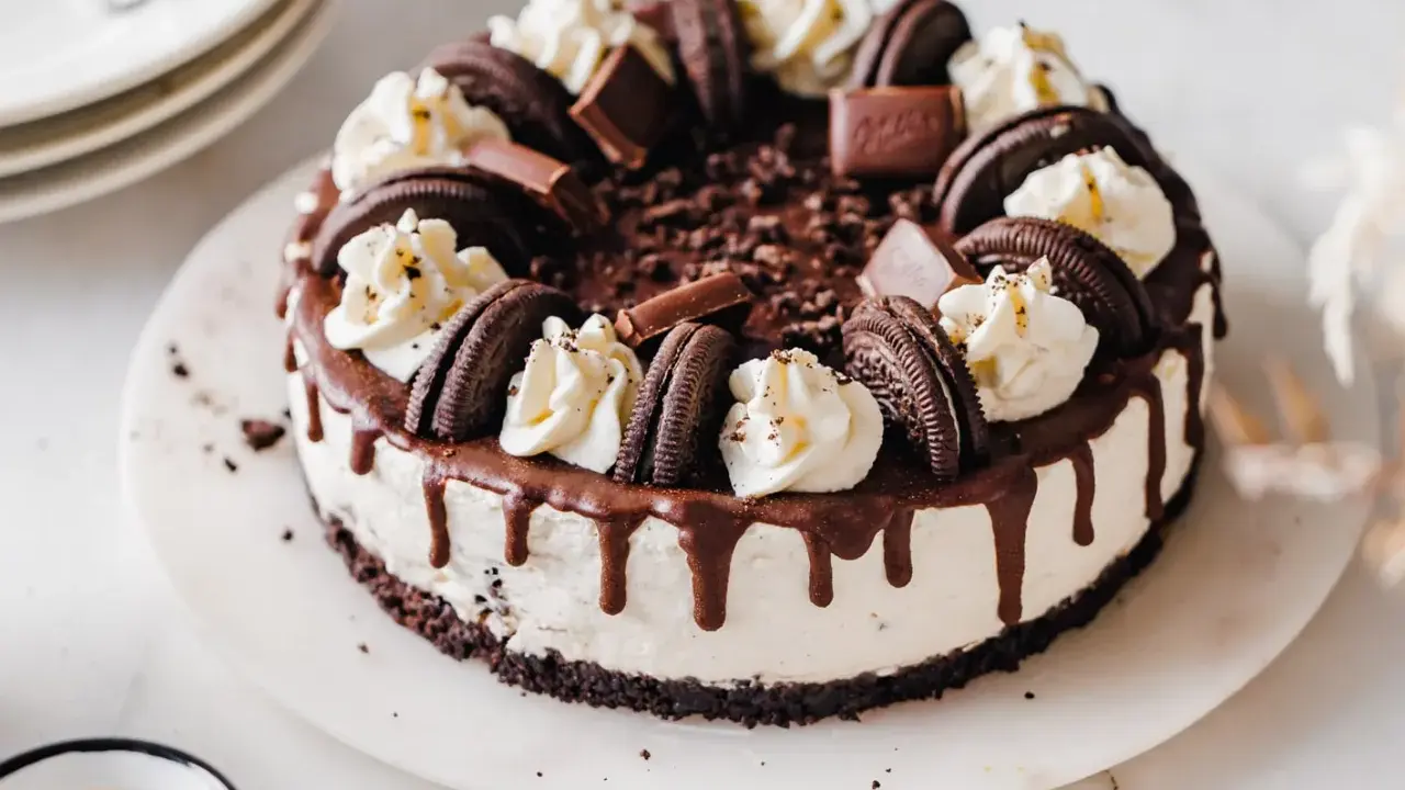 Ein köstlicher Oreo Cheesecake mit Schokoladenglasur und Sahnetupfern. Perfekt für jeden Schokoladenliebhaber.