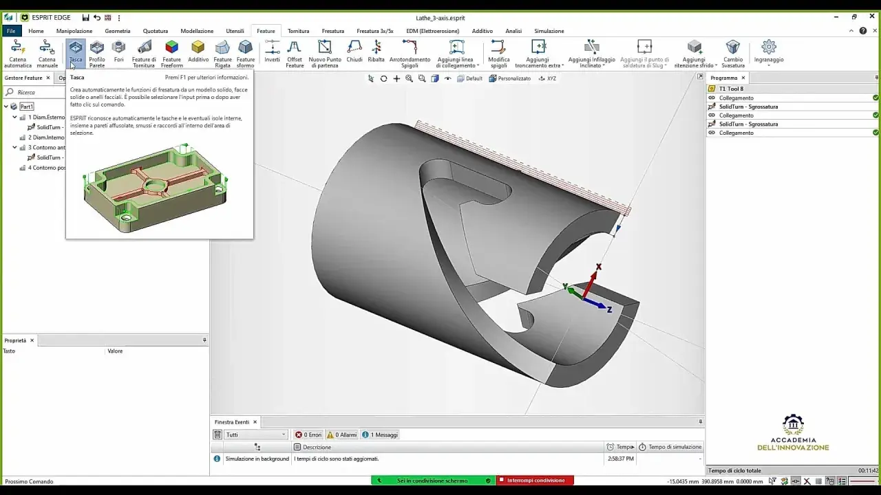 Interfaccia software per la progettazione meccanica con modello 3D di un pezzo cilindrico e un componente squadrato.
