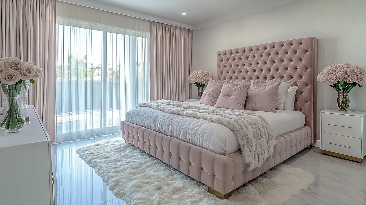 Elegancka, nowoczesna sypialnia glamour w pudrowym różu. Miękkie tkaniny, kryształowy żyrandol i bukiety róż tworzą luksusową atmosferę.