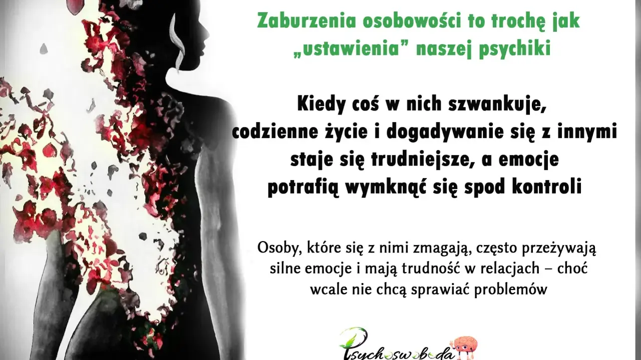 Sylwetka kobiety, z której fragmenty rozpadają się w czerwone płatki. Tekst: "Zaburzenia osobowości to trochę jak "ustawienia" naszej psychiki. Kiedy coś w nich szwankuje, codzienne życie i dogadywanie się z innymi staje się trudniejsze, a emocje potra...