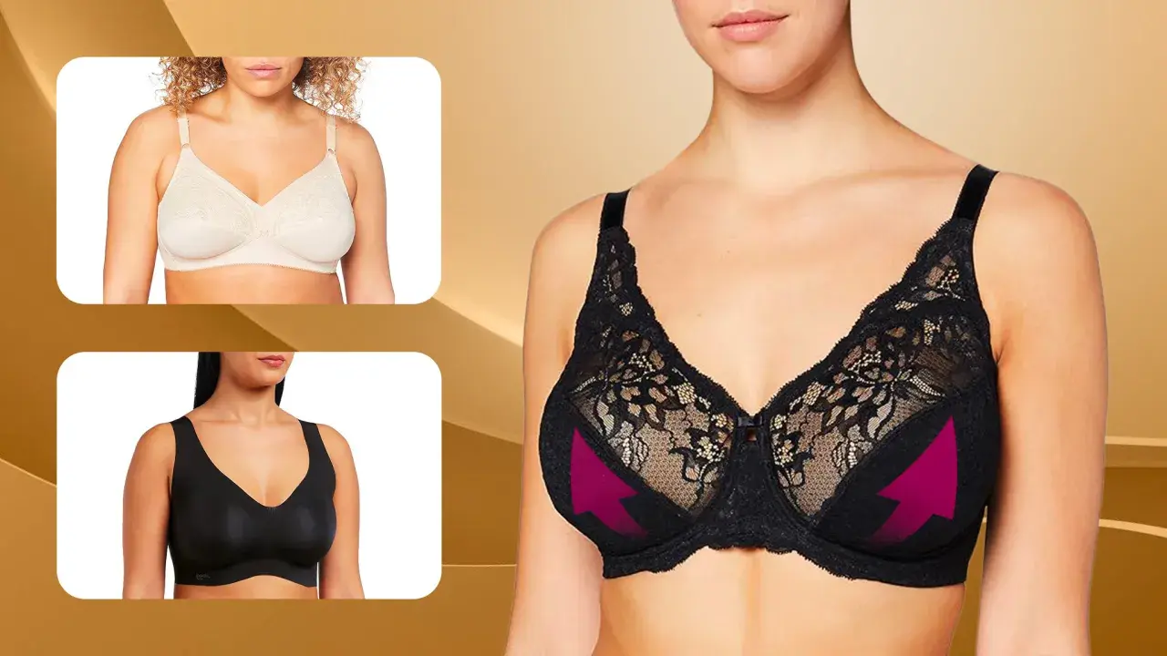 Modelli di reggiseni per donne con seni grandi, in pizzo nero e beige, e uno nero senza ferretti.