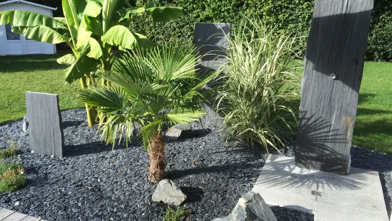 Une belle entrée de maison extérieure avec une plante luxuriante, des ardoises et un palmier.