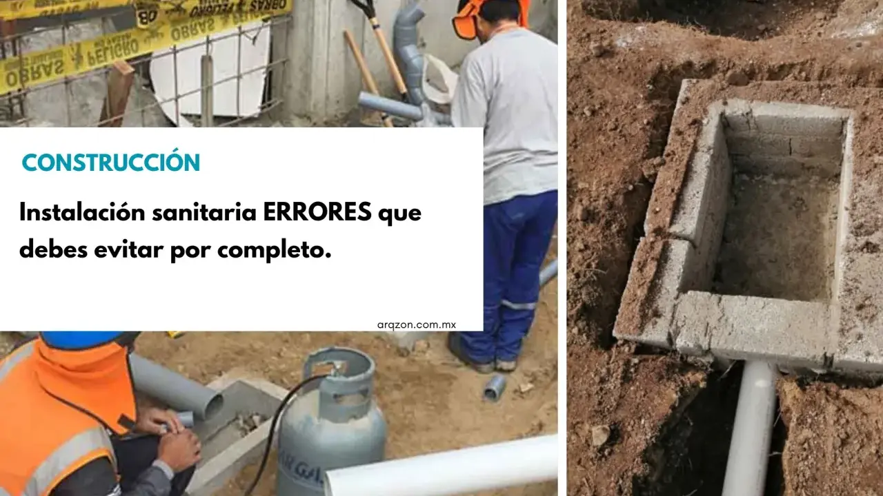 Construcción: errores comunes en la instalación sanitaria. Obreros trabajan en tuberías y una fosa de ladrillos.