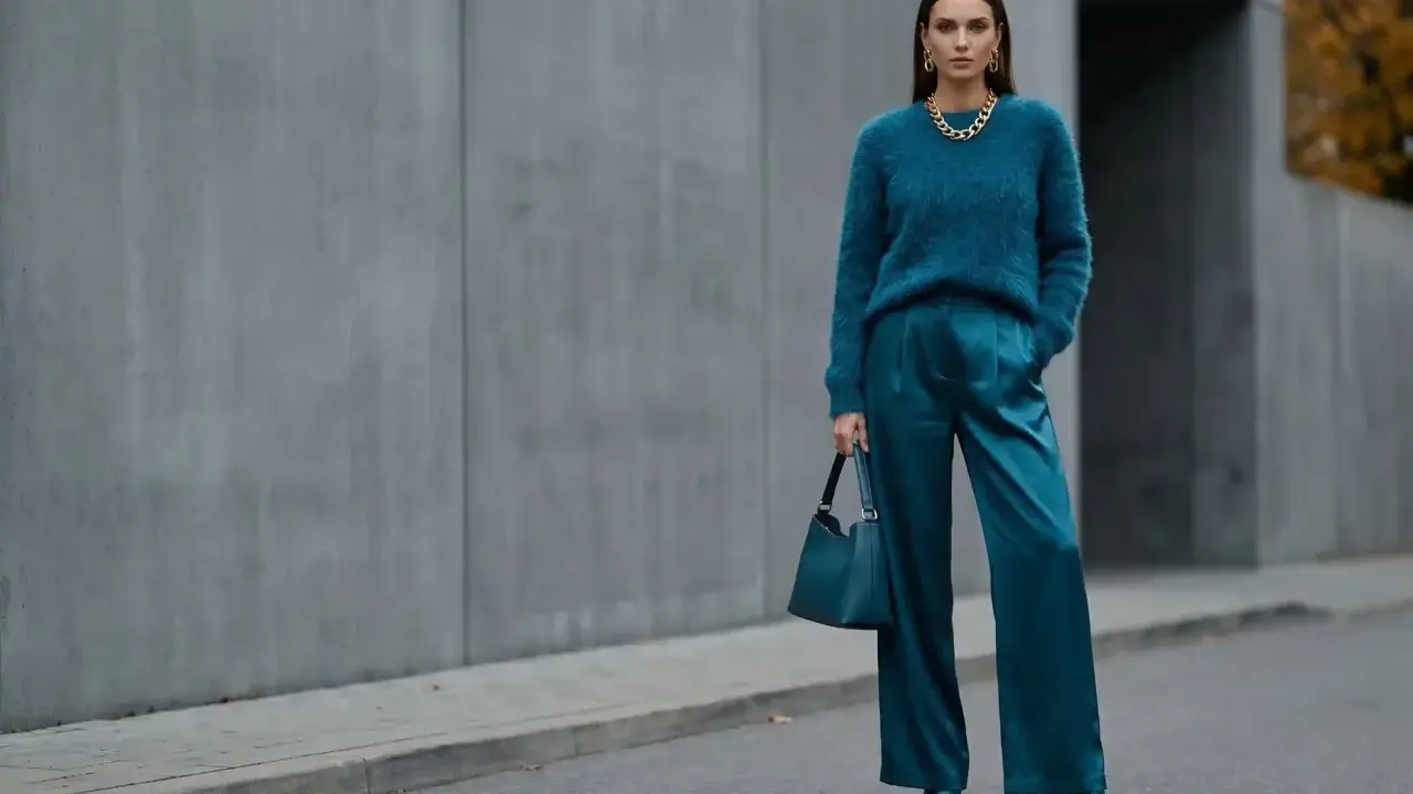 Kobieta w eleganckim, futrzanym swetrze i satynowych spodniach w kolorze petrol. Torebka i buty również w tym samym odcieniu.