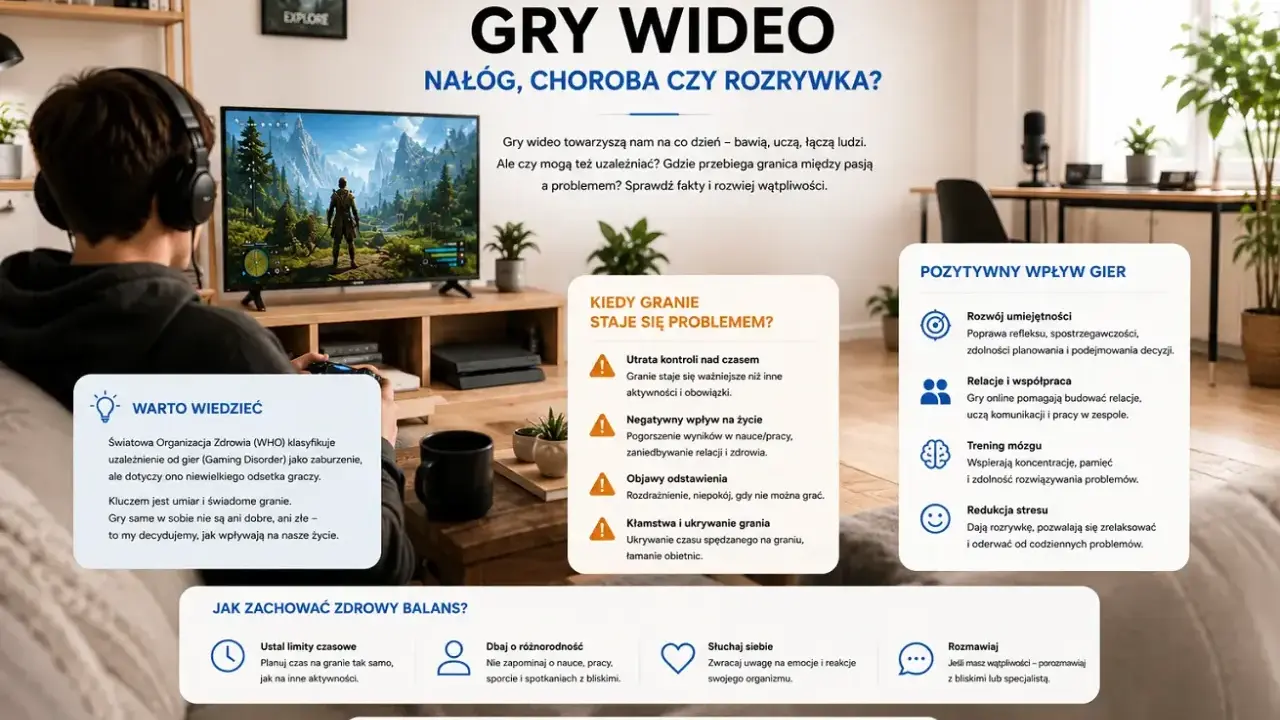 Chłopak gra w gry wideo, które mogą być rozrywką lub nałogiem. Kluczem jest umiar i świadome granie, by czerpać z nich korzyści.