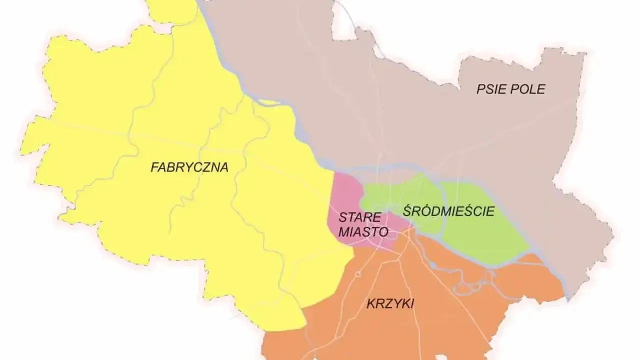 Mapa Wrocławia z podziałem na dzielnice: Fabryczna, Stare Miasto, Śródmieście, Krzyki i Psie Pole. Wrocław jakie województwo? Dolnośląskie.