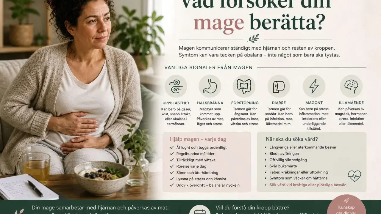 Kvinnan håller handen på magen. Bilden listar vanliga magbesvär och ger råd, inklusive mat att undvika vid diarré.