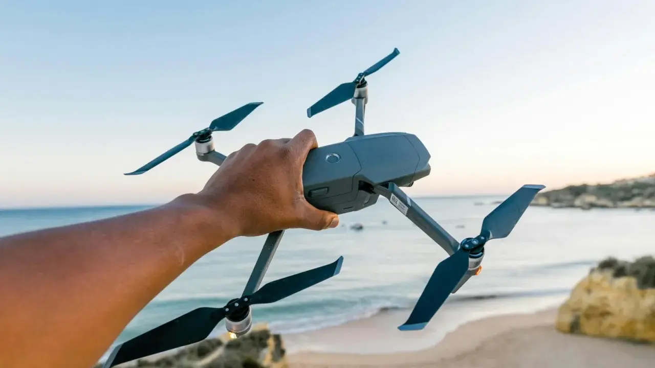 Hand hält Drohne über Strand. Bereit für Aufnahmen in Deutschland, vielleicht für eine Notam-Meldung.