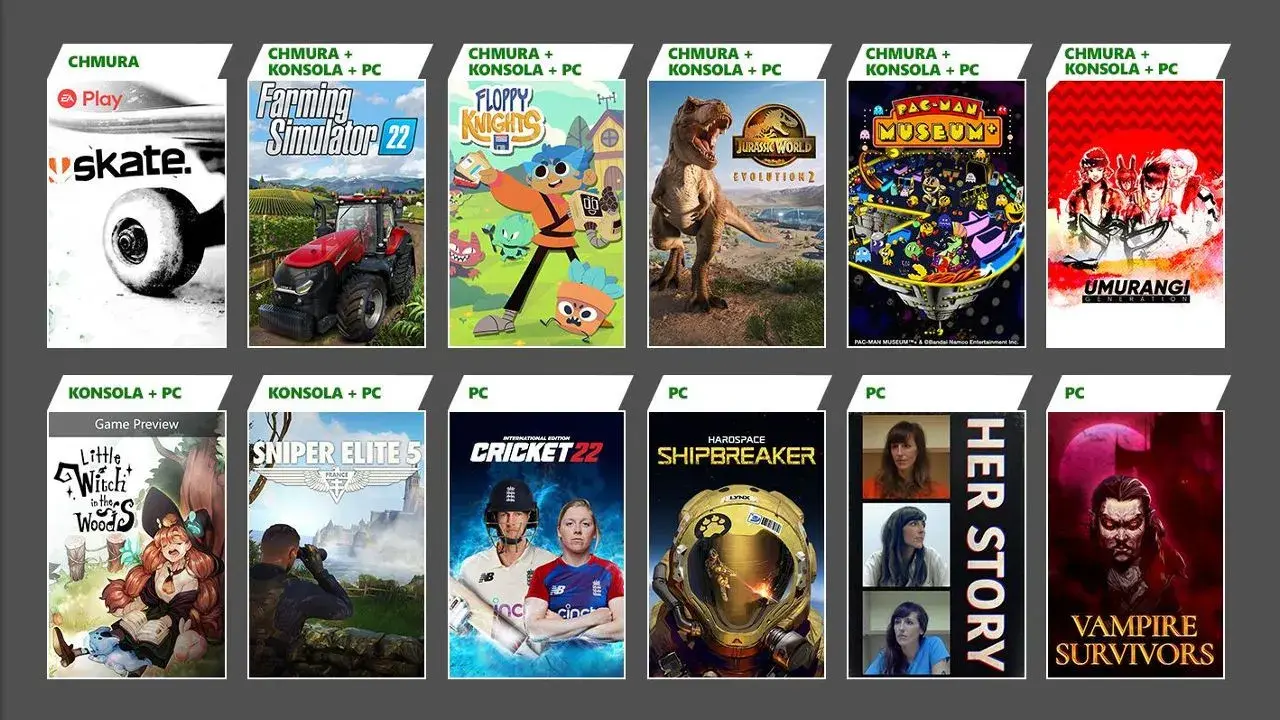 Game Pass PC lista gier: Skate, Farming Simulator 22, Floppy Knights, Jurassic World Evolution 2, Pac-Man Museum+, Umurangi Generation, Little Witch in the Woods, Sniper Elite 5, Cricket 22, Hardspace Shipbreaker, Her Story, Vampire Survivors.