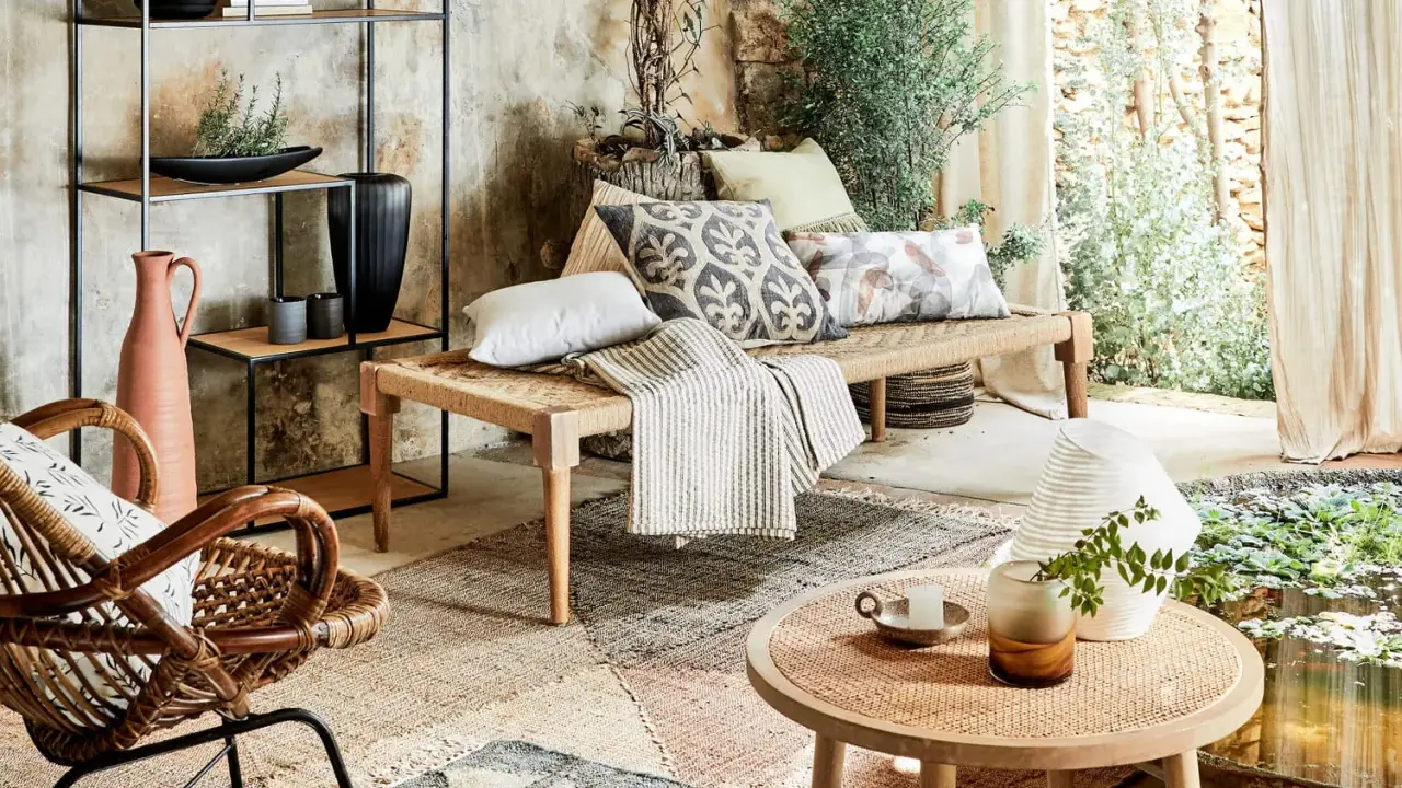 Un salon sans canapé, avec un banc tressé, des coussins décoratifs, un fauteuil en rotin et une étagère murale.
