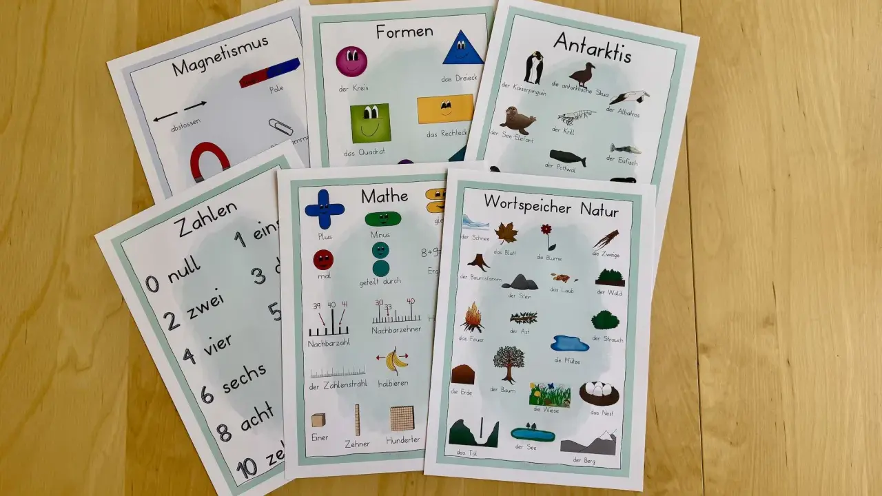 Lernkarten für den Deutschunterricht: Magnetismus, Formen, Zahlen, Mathe, Antarktis und Natur.