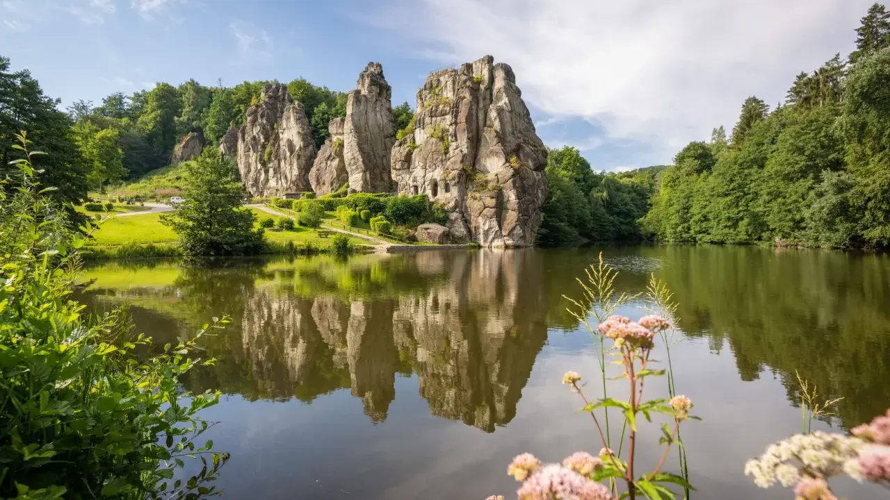 Ein idyllischer See spiegelt die imposanten Externsteine wider. Perfekt für eine entspannte Wanderung in dieser malerischen Landschaft.