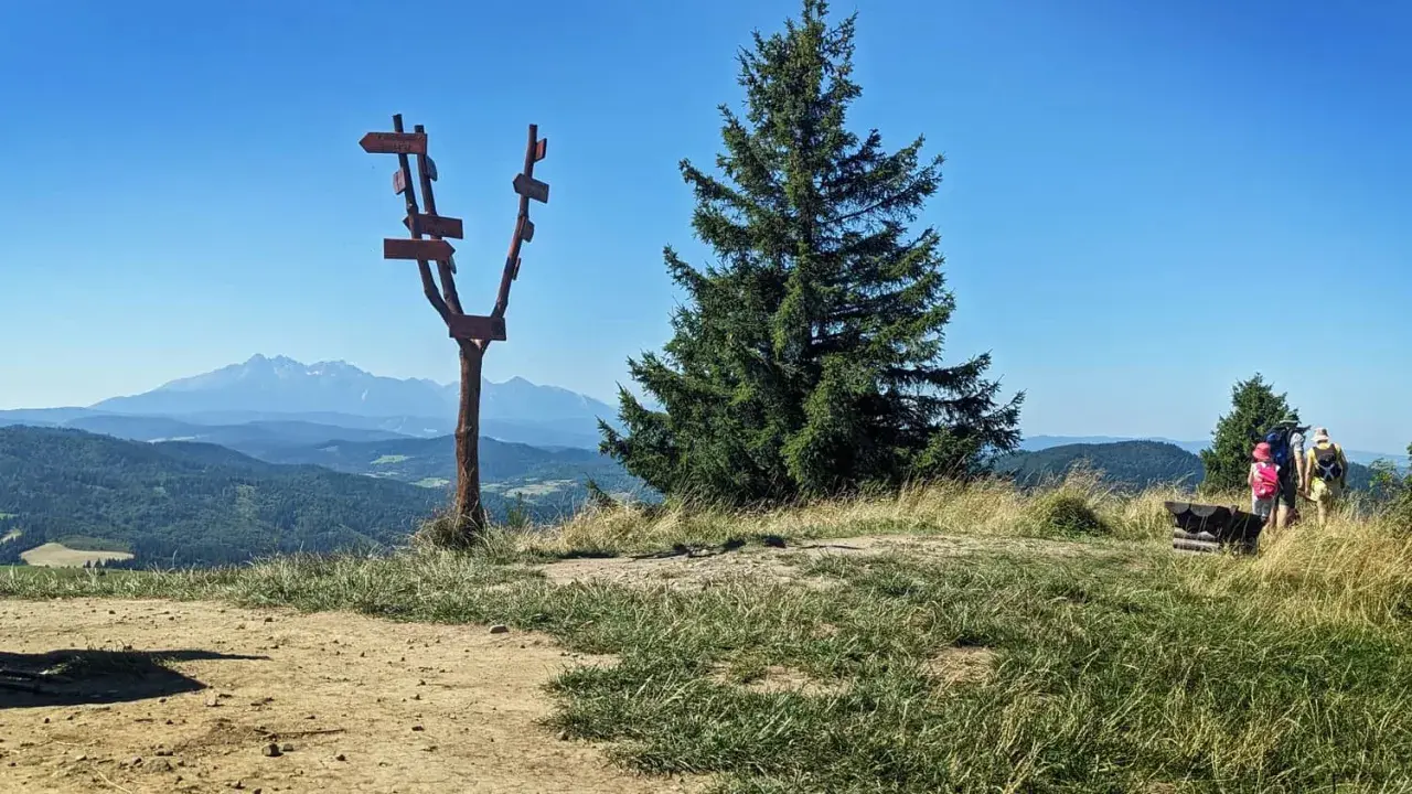 Wysoki wierch z drogowskazem i widokiem na góry. Rodzina z plecakami podziwia panoramę.