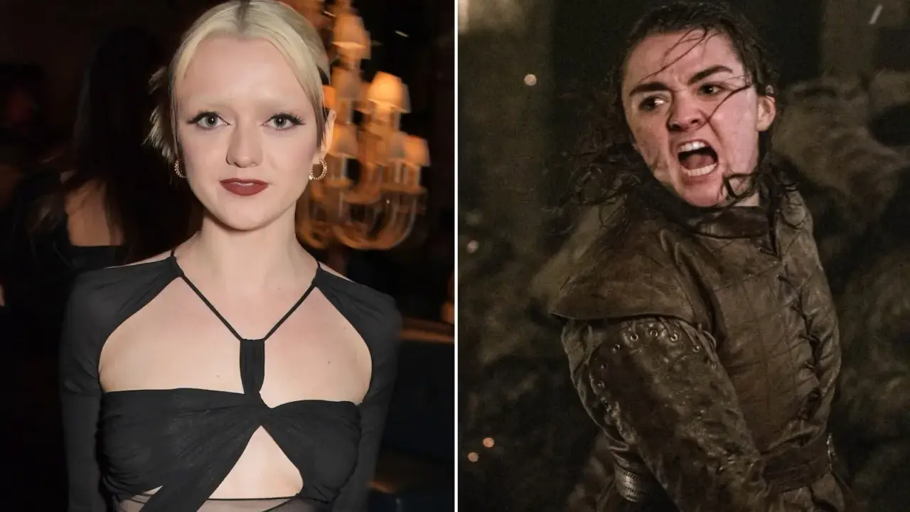 Maisie Williams, som spelade Arya Stark, i en svart klänning och i rollen som Arya Stark i strid.