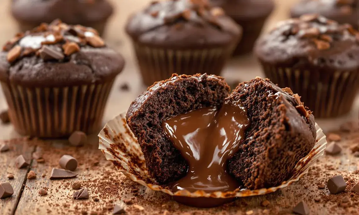 Un muffin au chocolat fondant, parfait pour une recette gourmande. Le cœur coulant de chocolat invite à la dégustation.