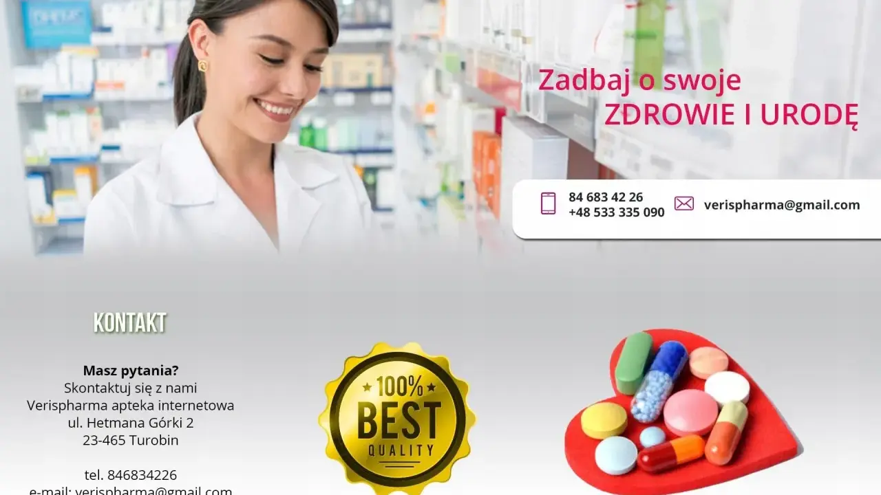 Uśmiechnięta farmaceutka w aptece. Zadbaj o zdrowie i urodę z Verispharma, gdzie znajdziesz suplementy, np. maxiluten.