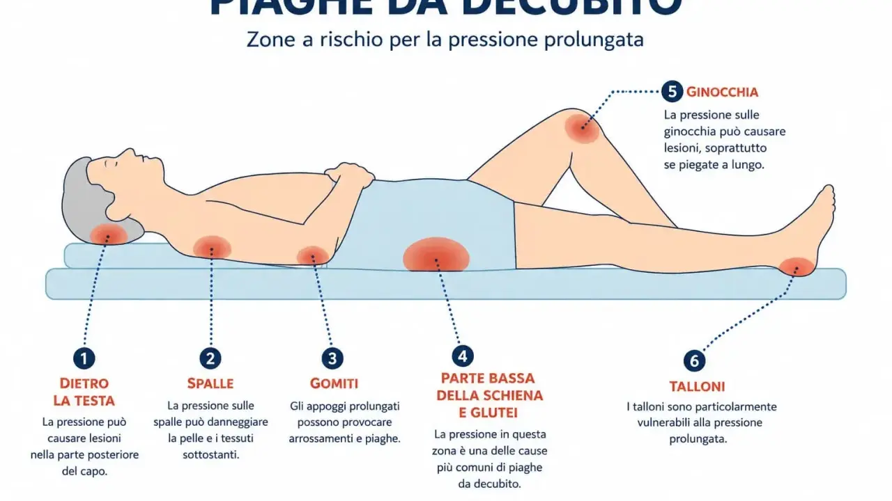 Illustrazione mostra le zone del corpo più a rischio di piaghe da decubito: testa, spalle, gomiti, schiena, glutei, ginocchia e talloni, a causa della pressione prolungata.