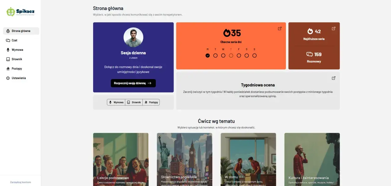 Platforma do rozmów po angielsku online. Rozpocznij codzienną sesję z Jasonem, by doskonalić umiejętności językowe.