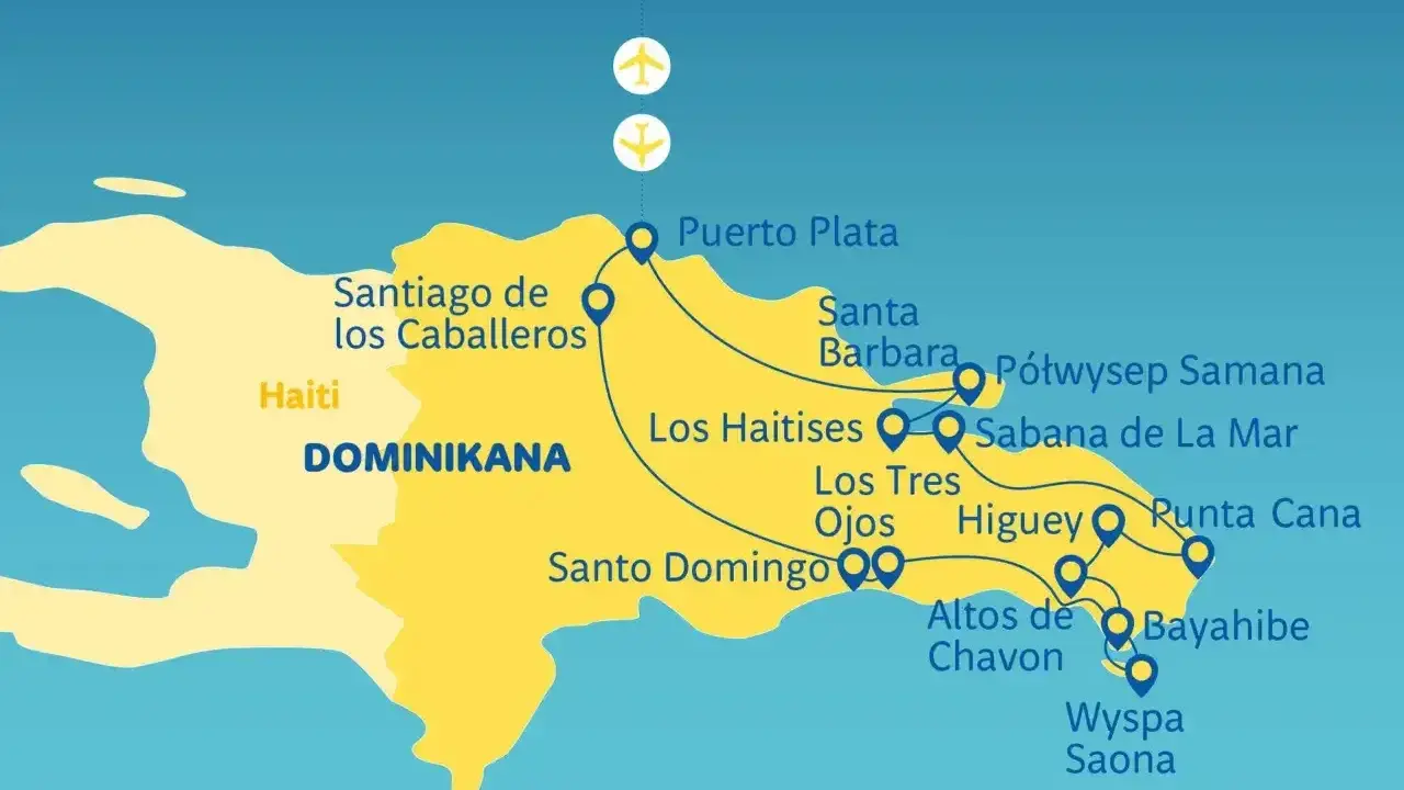 Mapa turystyczna Dominikany z zaznaczonymi trasami i lotniskami. Widoczne miasta: Puerto Plata, Santiago, Santo Domingo, Punta Cana.