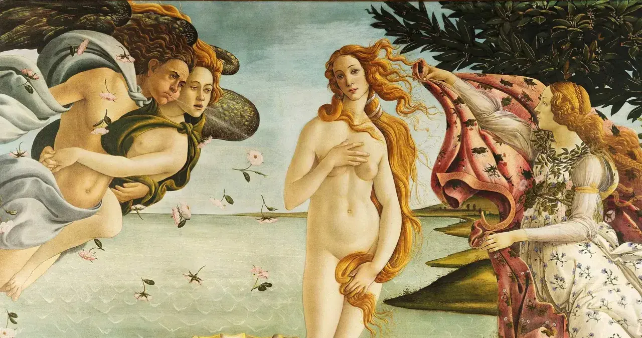 La Venere di Botticelli, nuda su una conchiglia, accolta da Zefiro e Aura, mentre una ninfa le offre un manto fiorito.