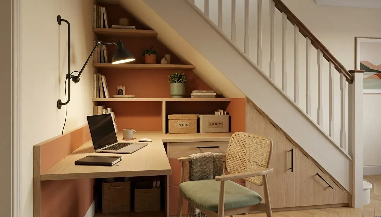 Aménagement bureau petit espace sous escalier. Bureau fonctionnel avec rangements intégrés, étagères et chaise confortable.