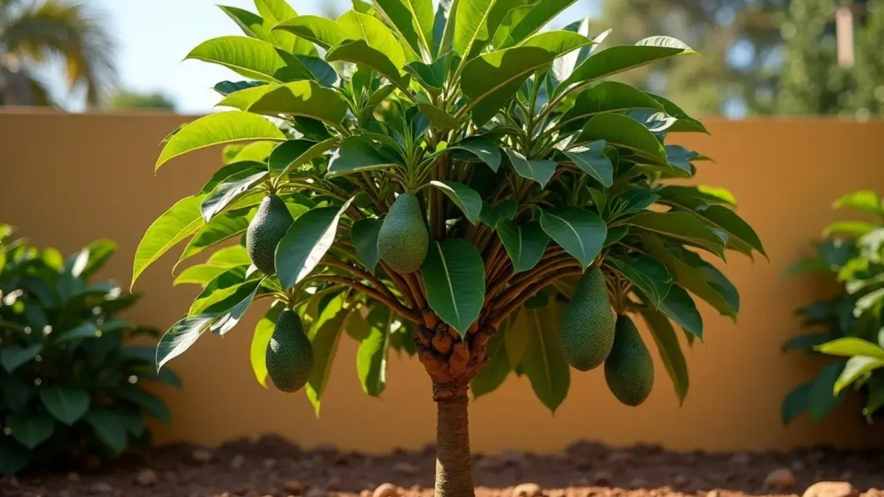 Un jeune avocatier porte déjà des fruits verts. Il est prêt à être planté en terre pour une récolte abondante.