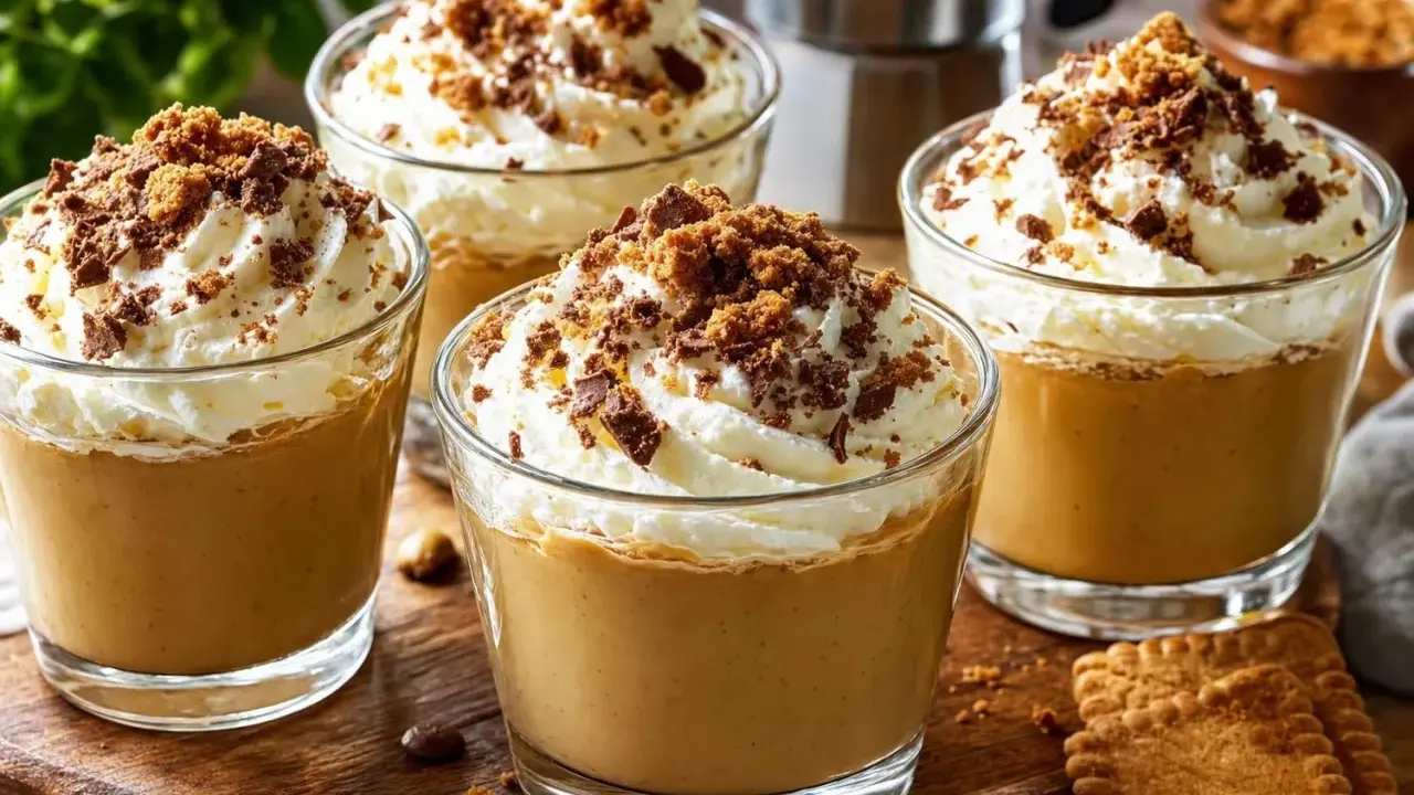 Quatre verres de café liégeois, garnis de crème fouettée et de miettes de chocolat et de biscuits.