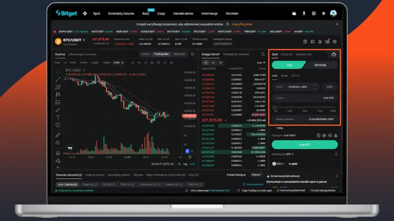 Zlecenie OCO na platformie Bitget. Wykres BTC/USDT, księga zleceń i okno kupna/sprzedaży.