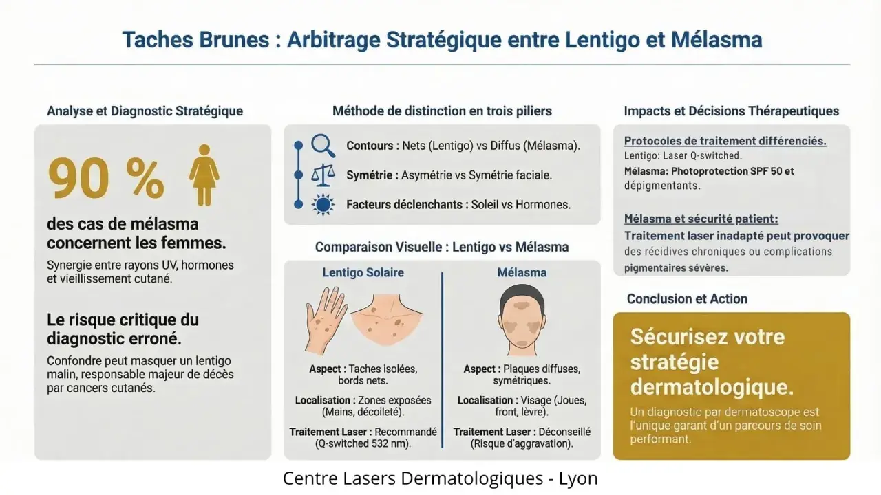Comparaison visuelle entre lentigo solaire et mélasma, avec des illustrations et des conseils de traitement.