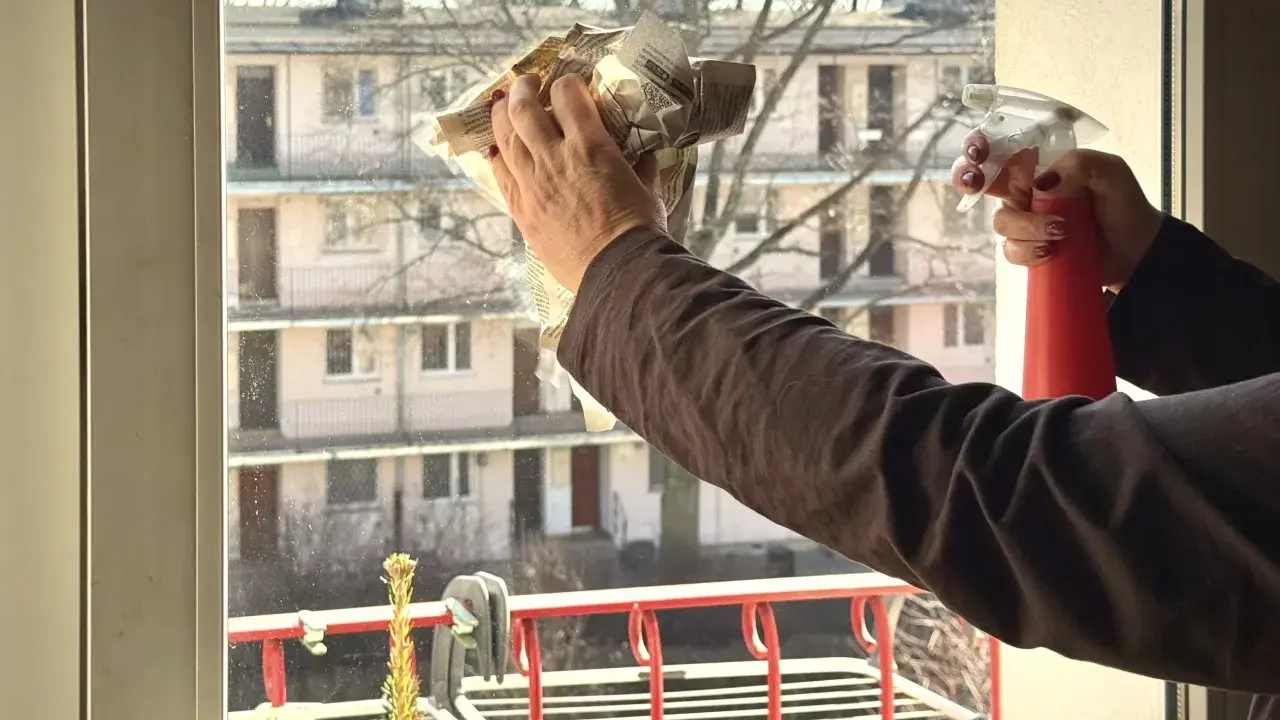 Ręce czyszczą okno, jedna trzyma spryskiwacz, druga zgniata gazetę do polerowania. Skuteczne mycie okien octem to sekret czystości.