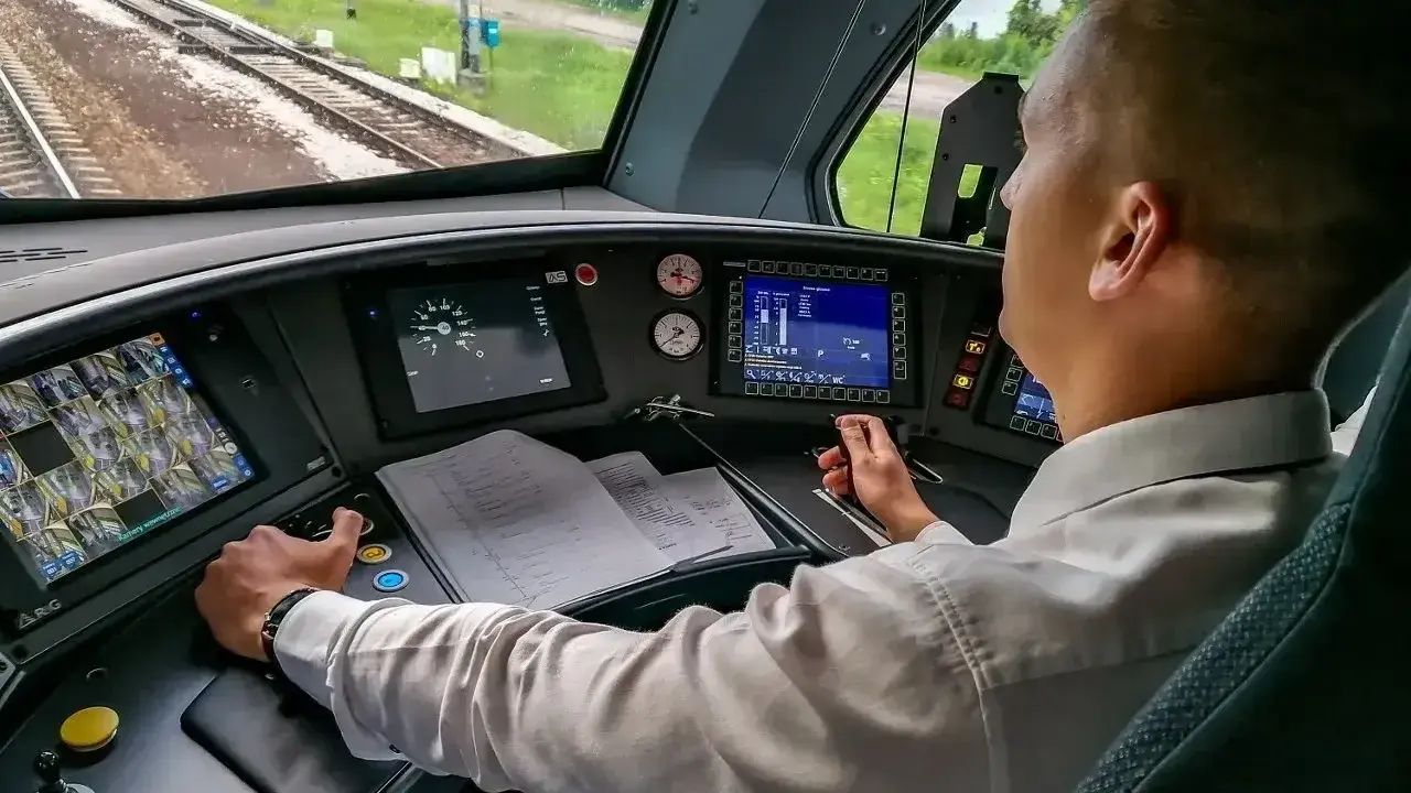 Maszynista w kabinie steruje pociągiem. Zastanawiasz się, ile zarabia maszynista? To odpowiedzialna praca.